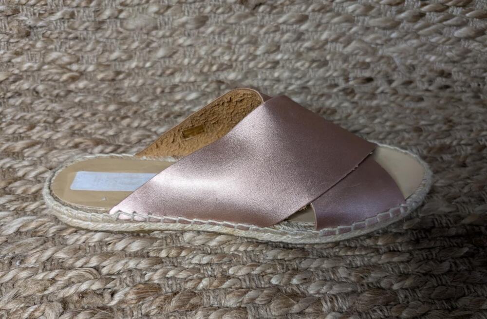Pure Navy Rose Gold Leather Espadrille Slides Sandals Flats Spring Summer Sz. 10